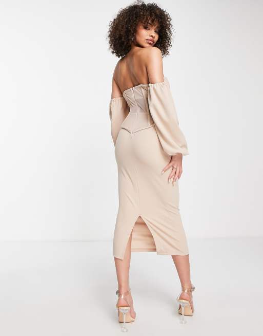 ASOS DESIGN off shoulder corset midi dress in olive