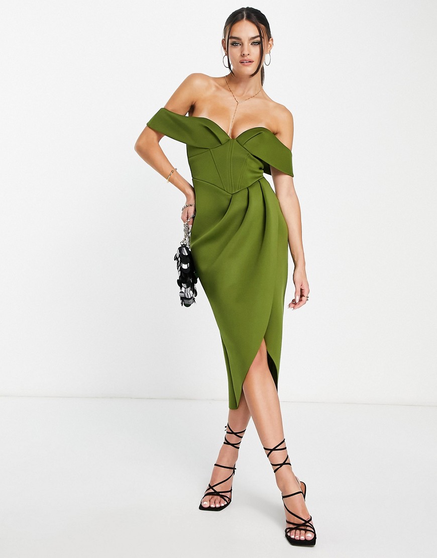 Shop Asos Design Off Shoulder Corset Midi Dress In Olive-green