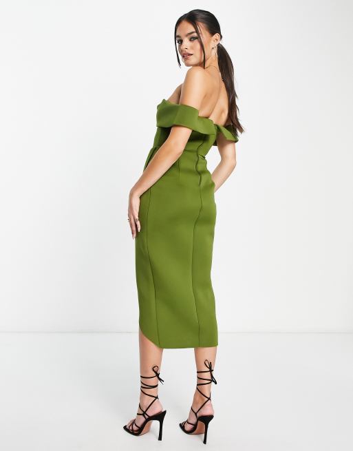 ASOS DESIGN off shoulder corset midi dress in olive