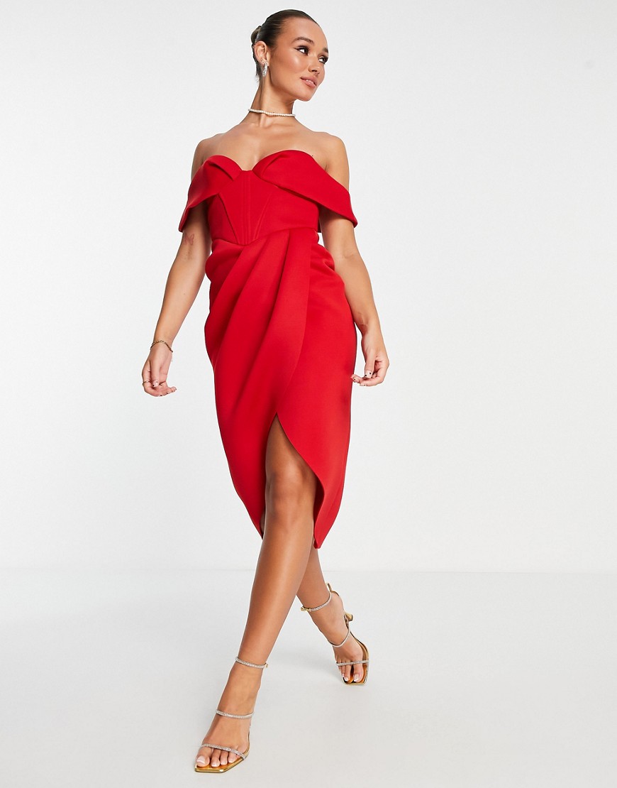 ASOS DESIGN off shoulder corset midi dress in red