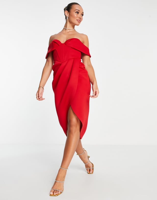 ASOS DESIGN off shoulder corset midi dress in red