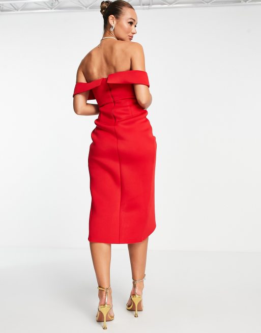 ASOS DESIGN off shoulder corset midi dress in red