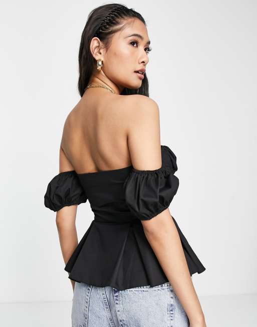 Black off shoulder puff sleeve sales top