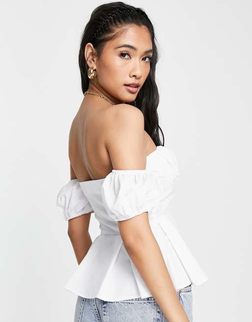 ASOS DESIGN off shoulder corset top with puff sleeve in white ASOS