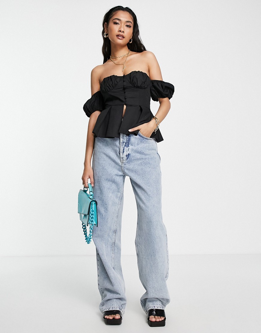 ASOS DESIGN off-shoulder corset top with puff sleeves in black