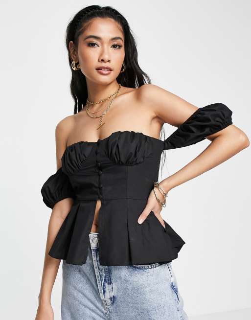 ASOS DESIGN off-shoulder corset top with puff sleeves in black