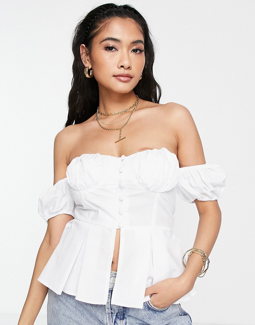 ASOS DESIGN off-shoulder corset top with puff sleeves in white