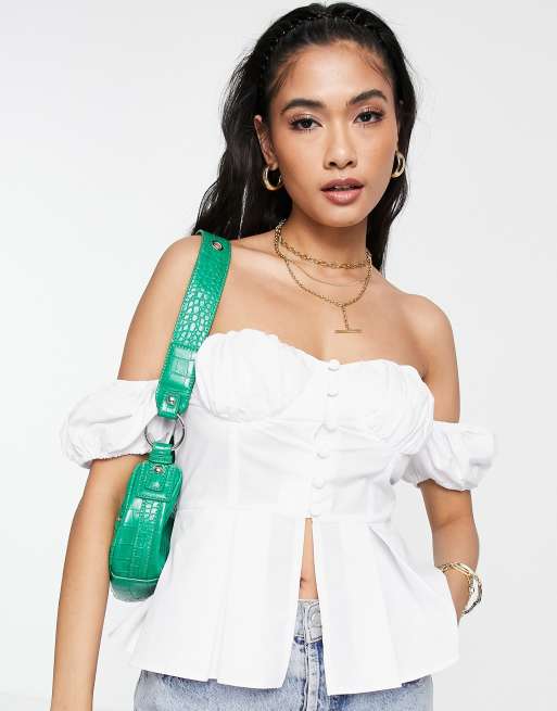 ASOS DESIGN off shoulder corset top with puff sleeves in white