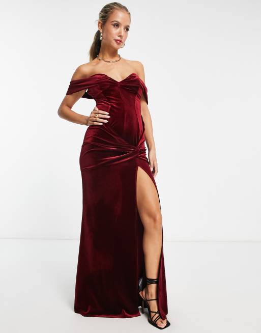 ASOS DESIGN off shoulder corset velvet maxi dress in wine