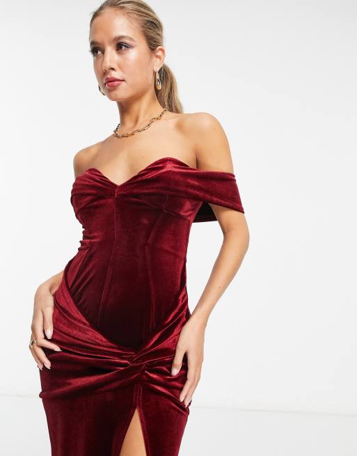 ASOS DESIGN off shoulder corset velvet maxi dress in wine