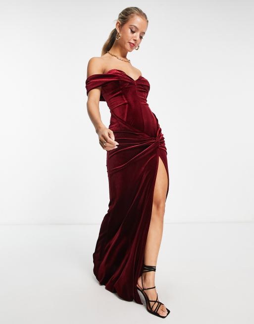 ASOS DESIGN off shoulder corset velvet maxi dress in wine