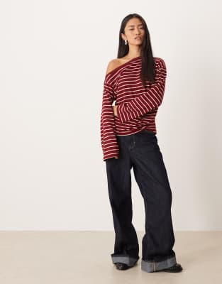 Asos Design Off-shoulder Corset Waist Long Sleeve In Pink