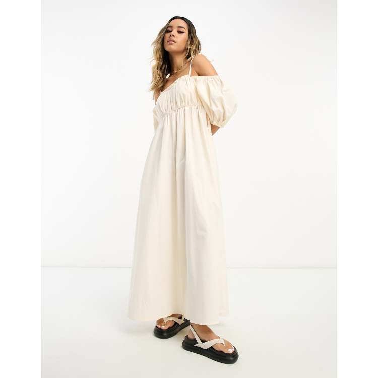 ASOS DESIGN off shoulder cotton maxi dress with ruched bust detail in ecru