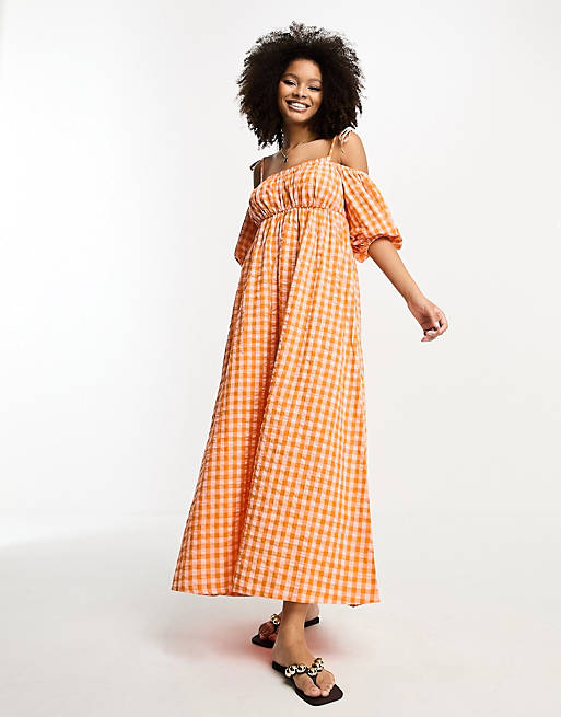 ASOS DESIGN off shoulder cotton maxi dress with ruched bust detail in pink  and orange gingham