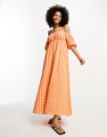 [ASOS DESIGN] ASOS DESIGN off shoulder cotton maxi dress with ruched bust detail in pink and orange gingham-Multi 8 PINK/ORANGE CHECK