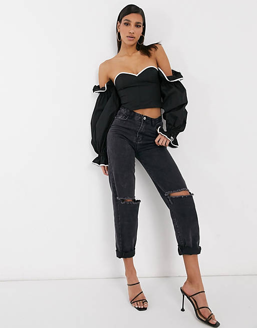 Tops off shoulder cotton top with volume sleeves and contrast piping 