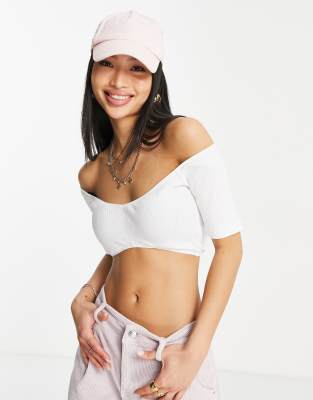 ASOS DESIGN OFF SHOULDER CROP TOP WITH SHAPED HEM IN RIB IN WHITE