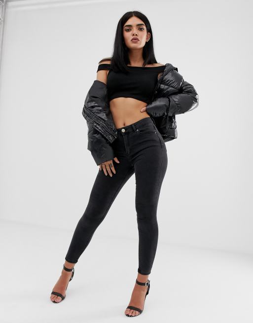 ASOS DESIGN off shoulder crop top with skinny sleeve in black