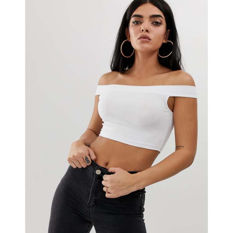 ASOS DESIGN off shoulder crop top with skinny sleeve in white