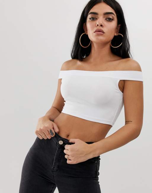 ASOS DESIGN off shoulder crop top with skinny sleeve in white