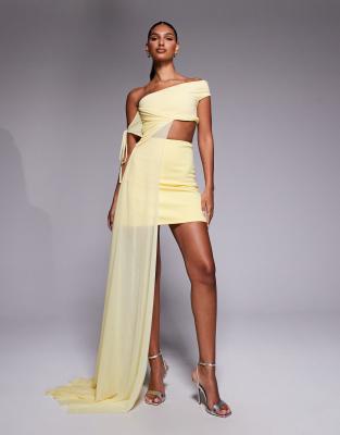 Asos Design Off-shoulder Cut-out Mini Dress With Mesh Drape In Yellow