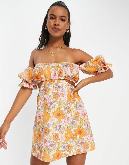 ASOS DESIGN off shoulder cut out mini skater dress in 70s floral print