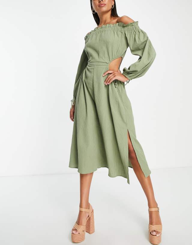 ASOS DESIGN off shoulder cut out waist midaxi beach dress in khaki