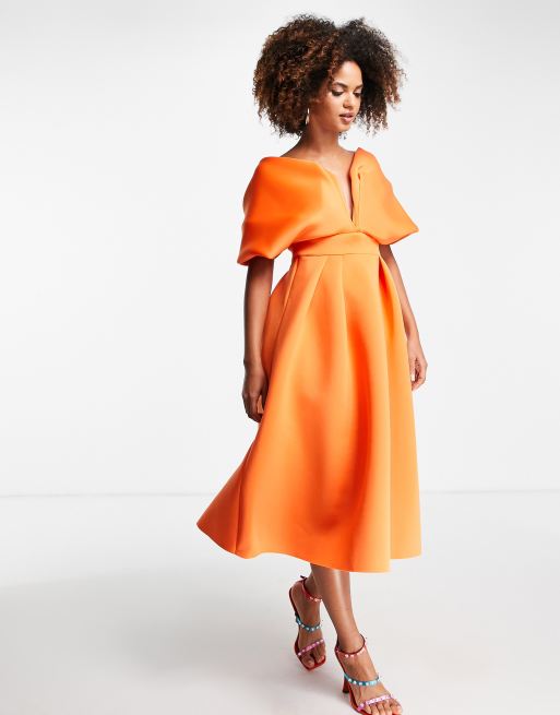 ASOS DESIGN off shoulder deep V draped sleeve midi skater dress in orange