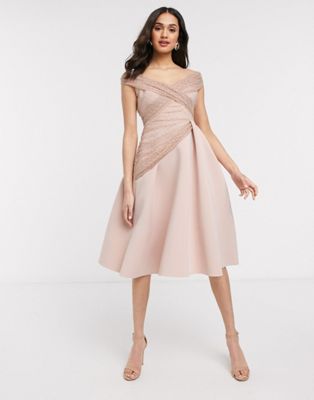off shoulder dobby midi prom dress in rose - ASOS DESIGN