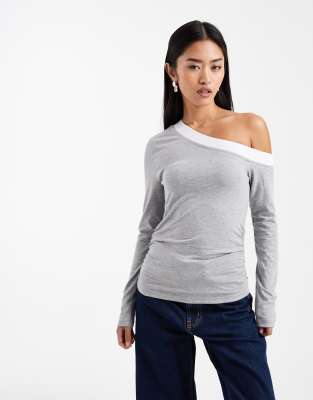 Asos Design Off Shoulder Double Layer Long Sleeve Top In Gray