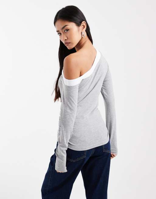 ASOS DESIGN off-shoulder double-layer long sleeve top in grey and white, 2 of 4