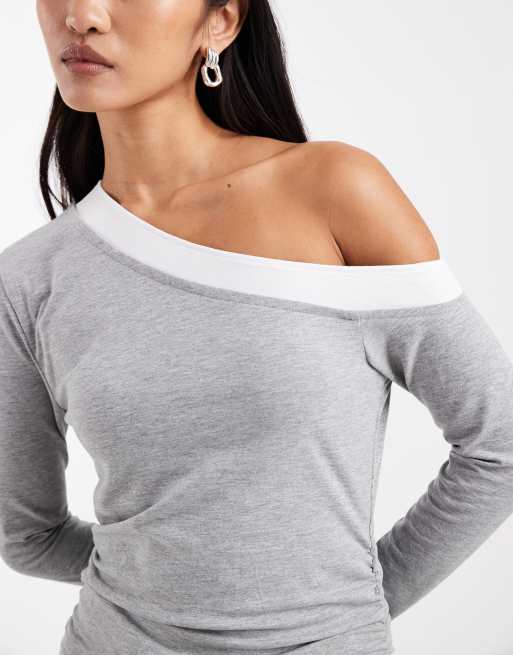 ASOS DESIGN off-shoulder double-layer long sleeve top in grey and white, 3 of 4