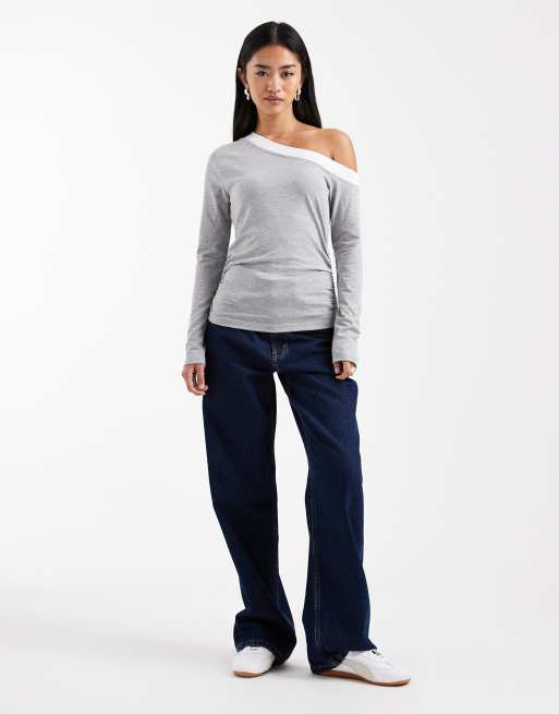 ASOS DESIGN off-shoulder double-layer long sleeve top in grey and white, 4 of 4