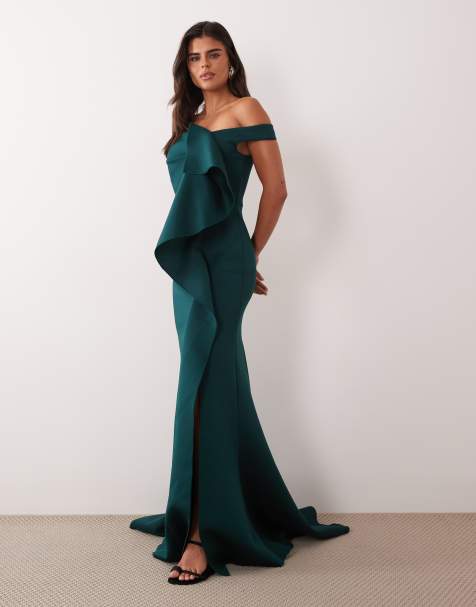 ASOS DESIGN off shoulder dramatic ruffle maxi dress with train in teal scuba-style fabric - view 1