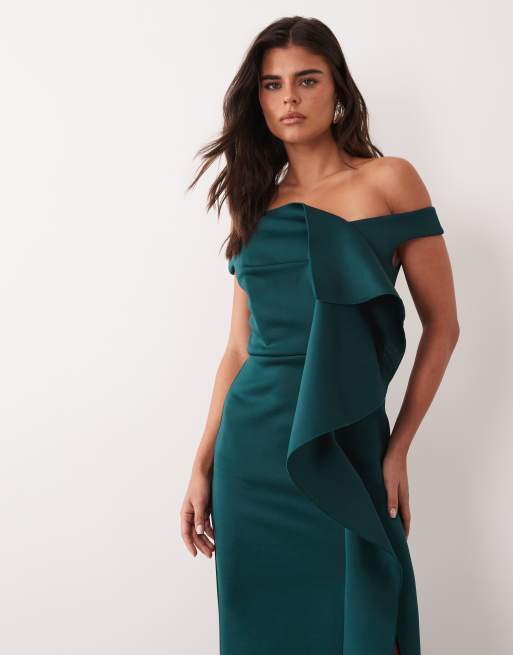 ASOS DESIGN off shoulder dramatic ruffle maxi dress with train in teal scuba-style fabric, 2 of 4