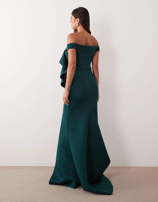ASOS DESIGN off shoulder dramatic ruffle maxi dress with train in teal scuba-style fabric, 3 of 4