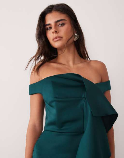 ASOS DESIGN off shoulder dramatic ruffle maxi dress with train in teal scuba-style fabric, 4 of 4