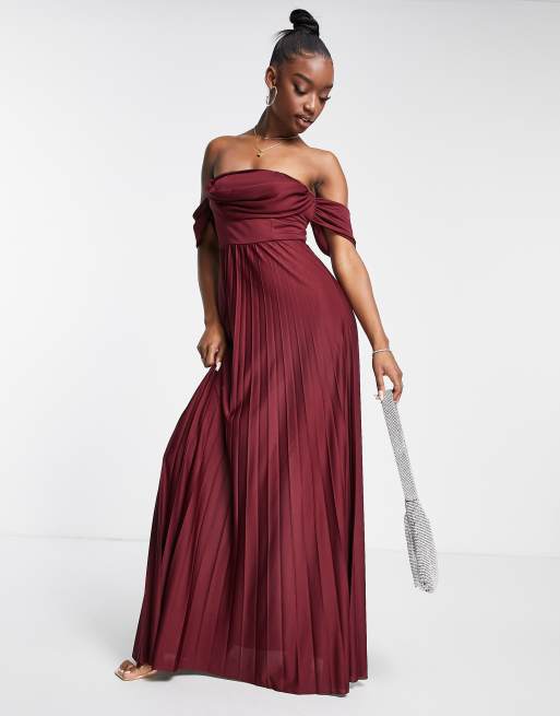 ASOS DESIGN off shoulder drape neck pleated maxi dress in dark red | ASOS