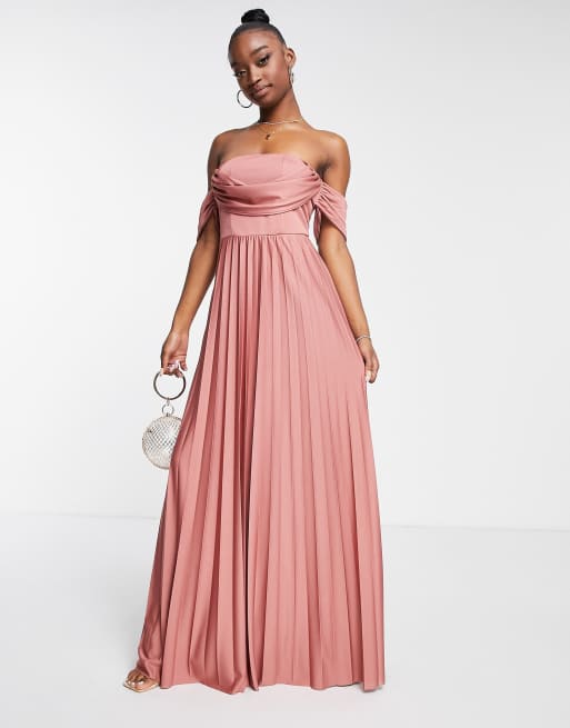 ASOS DESIGN off shoulder drape neck pleated maxi dress in rose