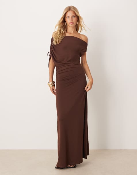ASOS DESIGN off shoulder drawstring maxi dress in brown - view 1