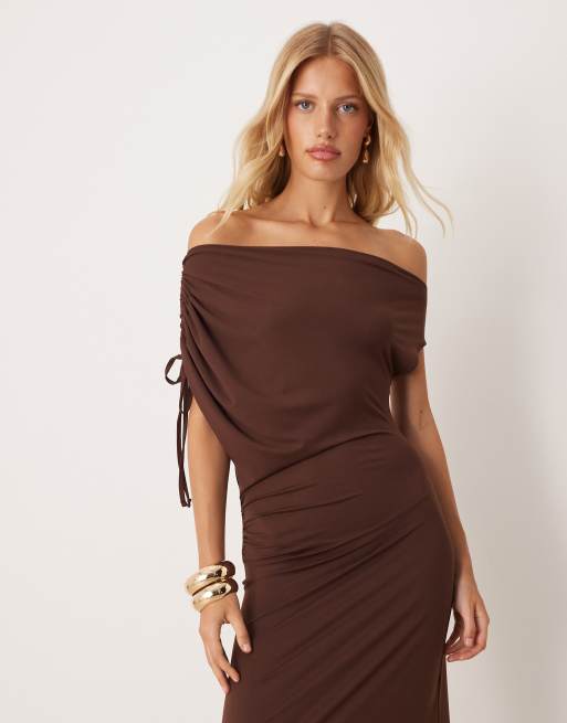 ASOS DESIGN off shoulder drawstring maxi dress in brown, 2 of 4
