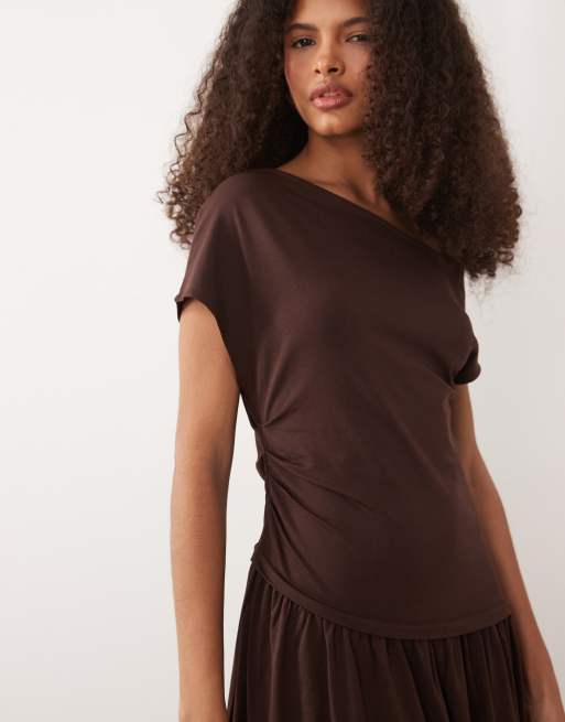 ASOS DESIGN off shoulder dropped waist maxi dress in grey marl, 2 of 4