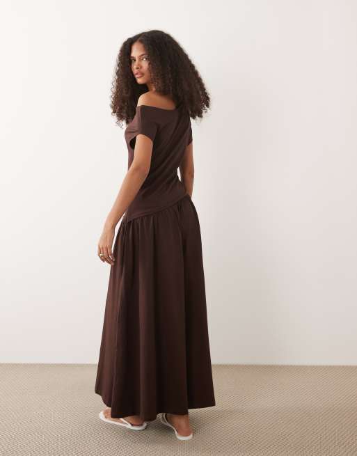 ASOS DESIGN off shoulder dropped waist maxi dress in grey marl, 4 of 4
