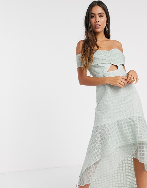 ASOS DESIGN off shoulder embrodiered midi pencil dress with ruffle detail and knot tie in light blue