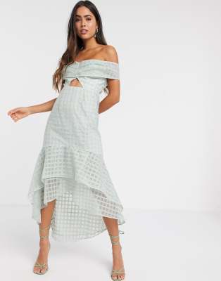 light blue off the shoulder ruffle dress