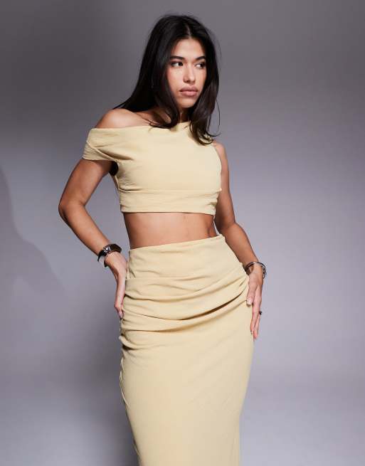 ASOS DESIGN off shoulder fauxord midi dress in pale yellow, 2 of 4