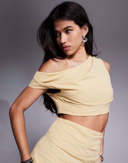 ASOS DESIGN off shoulder fauxord midi dress in pale yellow, 3 of 4