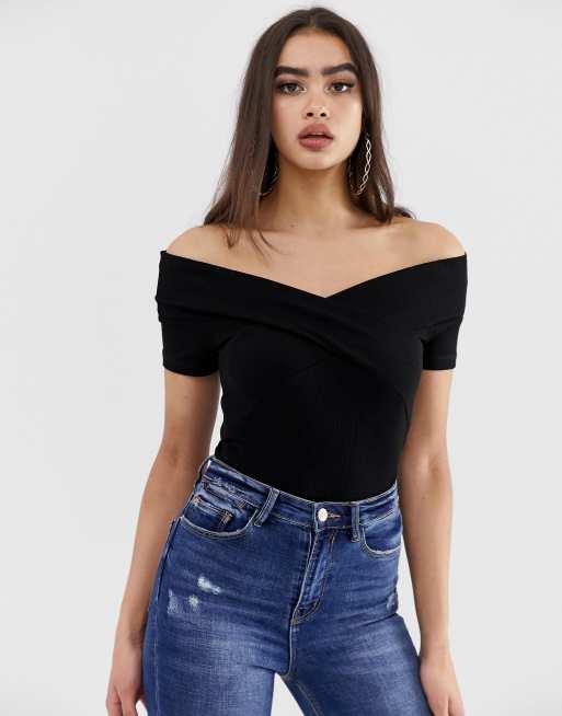 Asos Design Off Shoulder Fitted Top In Black Asos