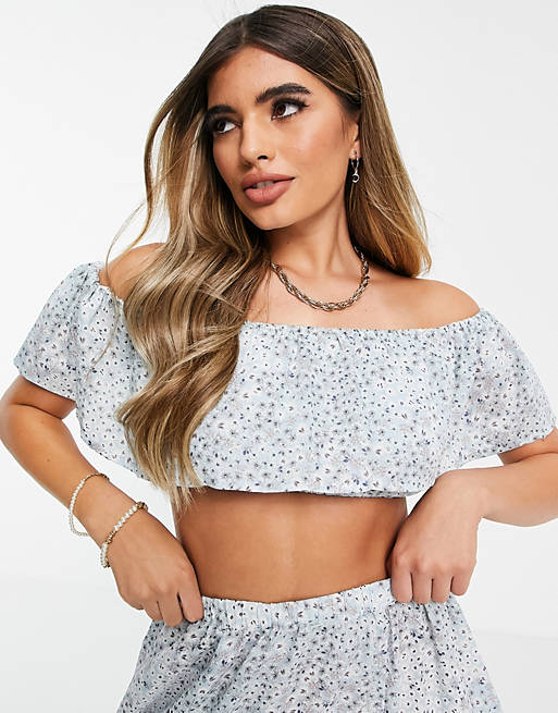  off shoulder floaty beach crop top co ord in ditsy floral print 