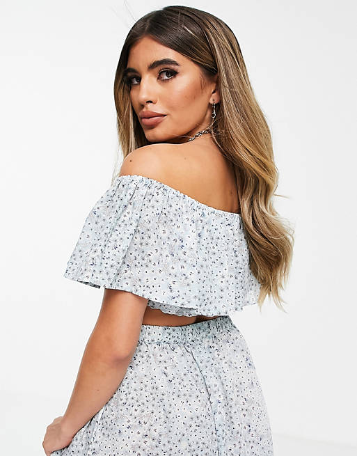 Co-ords off shoulder floaty beach crop top co ord in ditsy floral print 